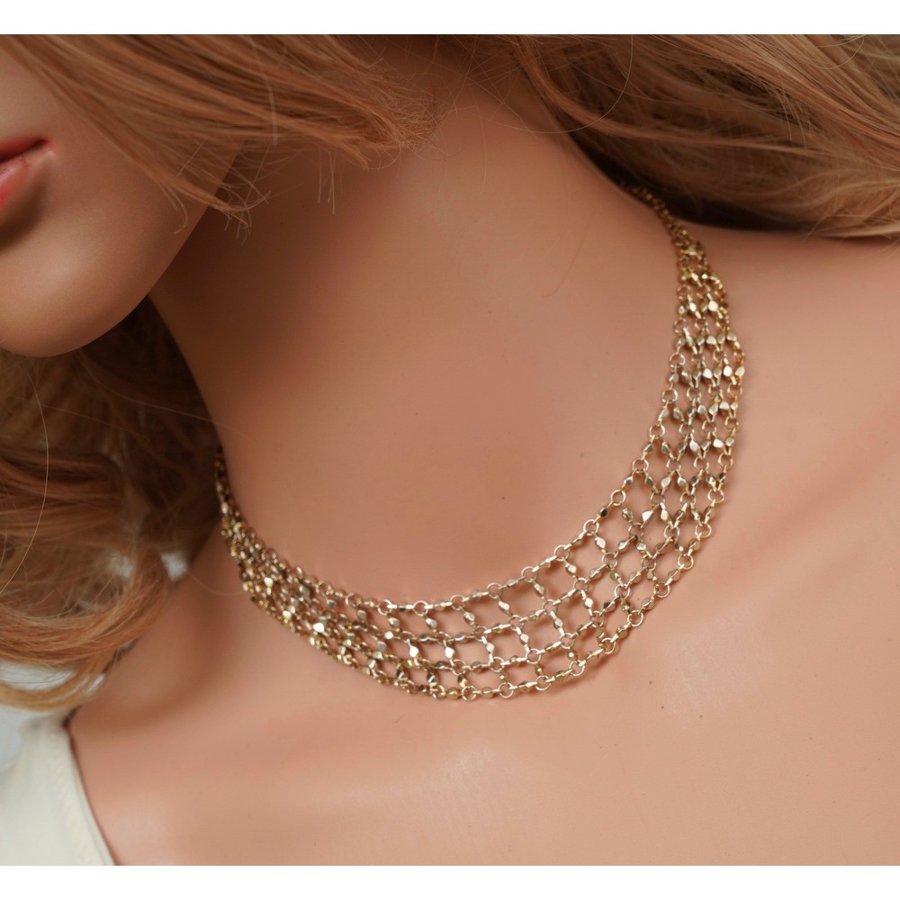 Gold Tone Multi Strand Mesh Bib Necklace Adjustable Lattice Collar Statement